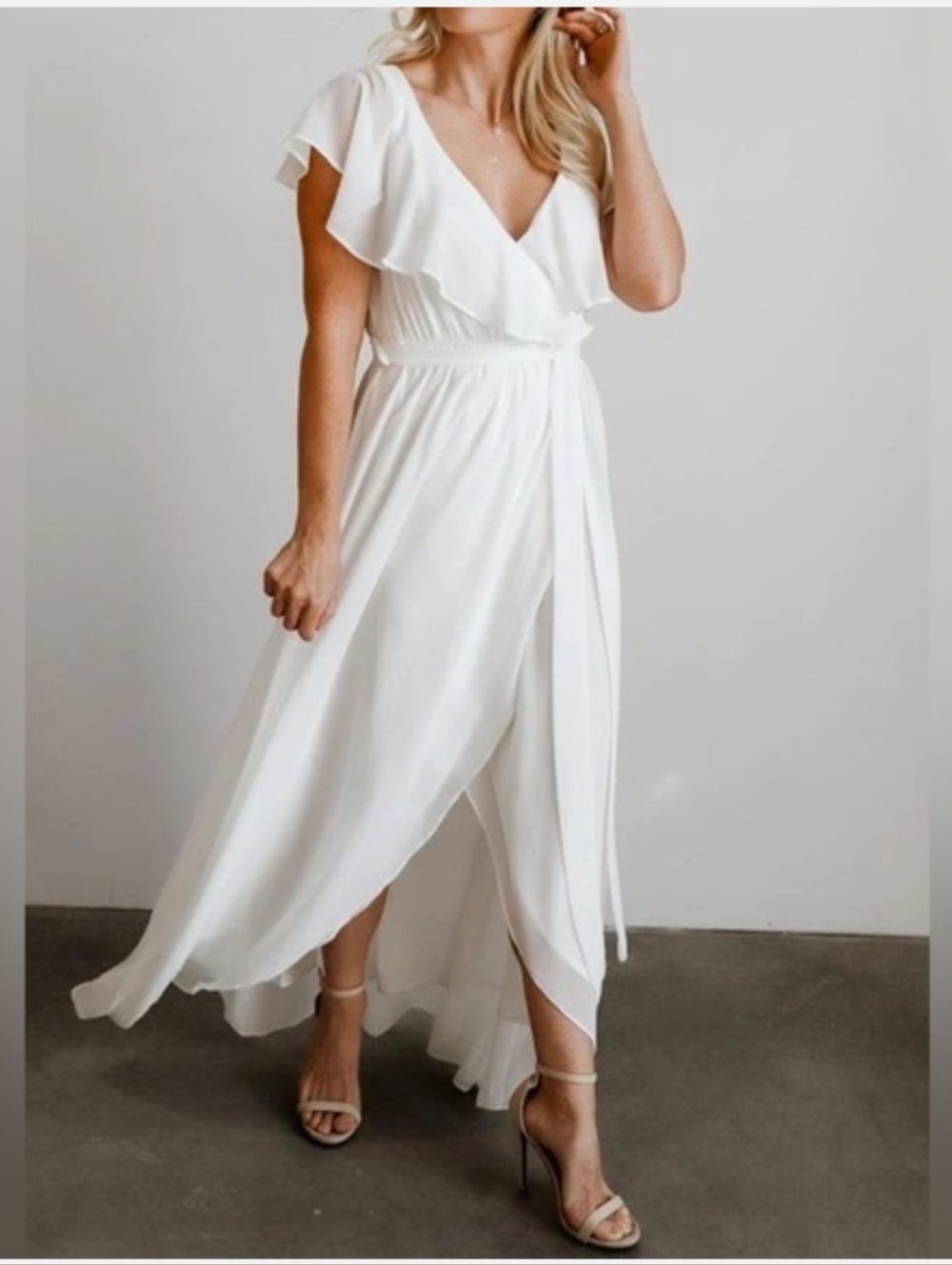 Baltic Born Katya White Faux Wrap Surplice‎ Ruffle   Bridal Dress Size Small